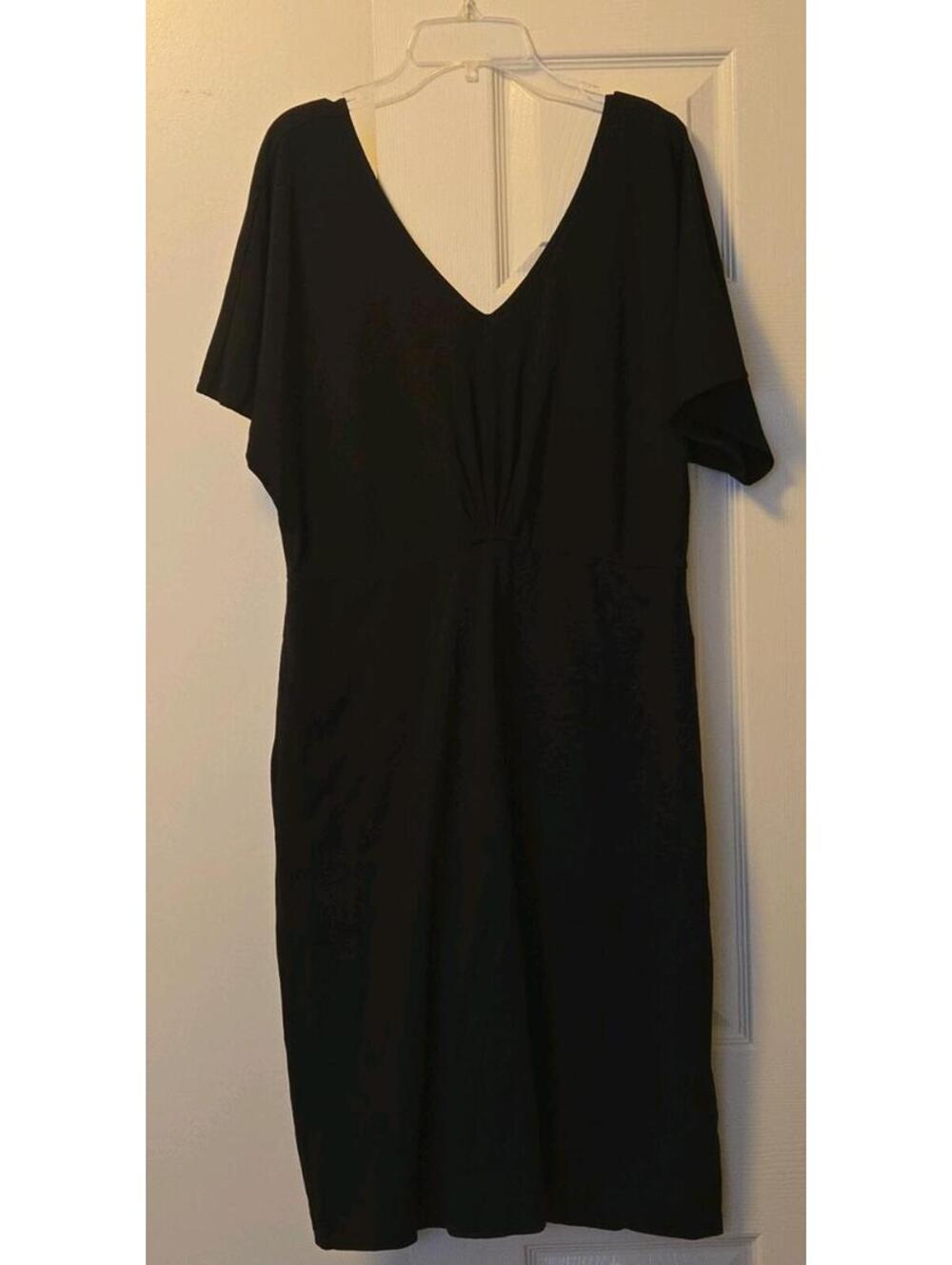 Pact Women's Black V-Neck Sheath Dress Organic Cotton Blend Sz L Pockets LBD